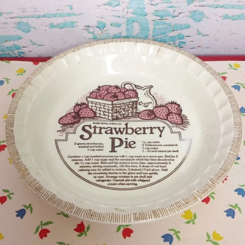 Strawberry Pie Recipe Dish Royal China Co Ceramic Baker Pink Brown Vintage 80s